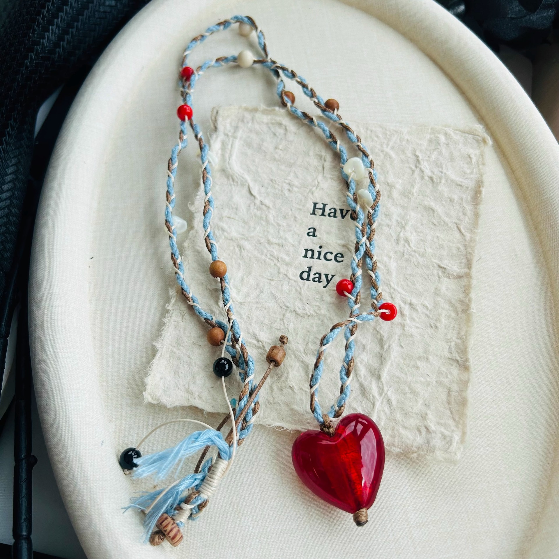 复古老琉璃彩绳编织红色爱心天然石吊坠项链女士长款毛衣链多巴胺详情9