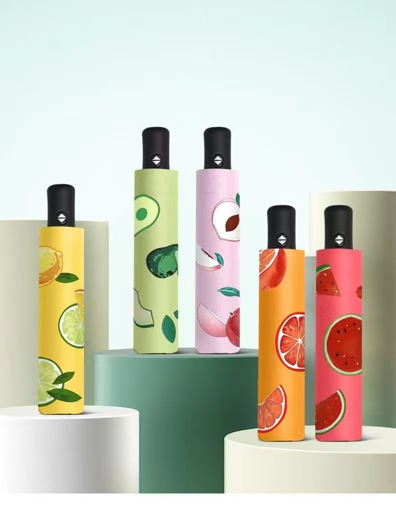 Wholesale of cartoon fruit print umbrellas, fully automatic black rubber sun umbrellas, UV protection and sun protection, and three-fold umbrellas pic 2