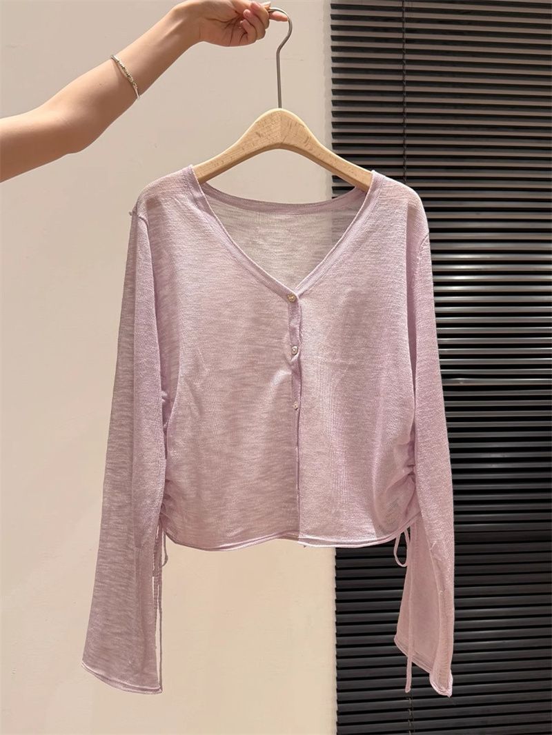 奥特莱斯~大牌余单V领防晒针织长袖开衫女潮夏季新款抽绳薄款上衣详情8