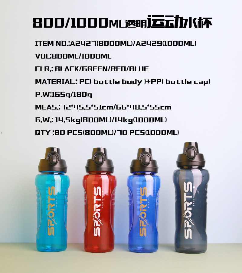外贸出口亚马逊跨境新品大容量直饮透明塑料水杯户外防摔手提水壶详情1