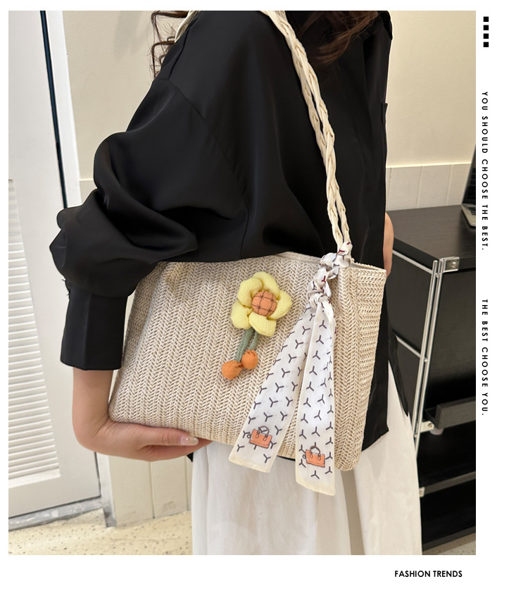 编织草编包包女大容量2023新款夏天花朵单肩休闲潮流洋气托特包详情2