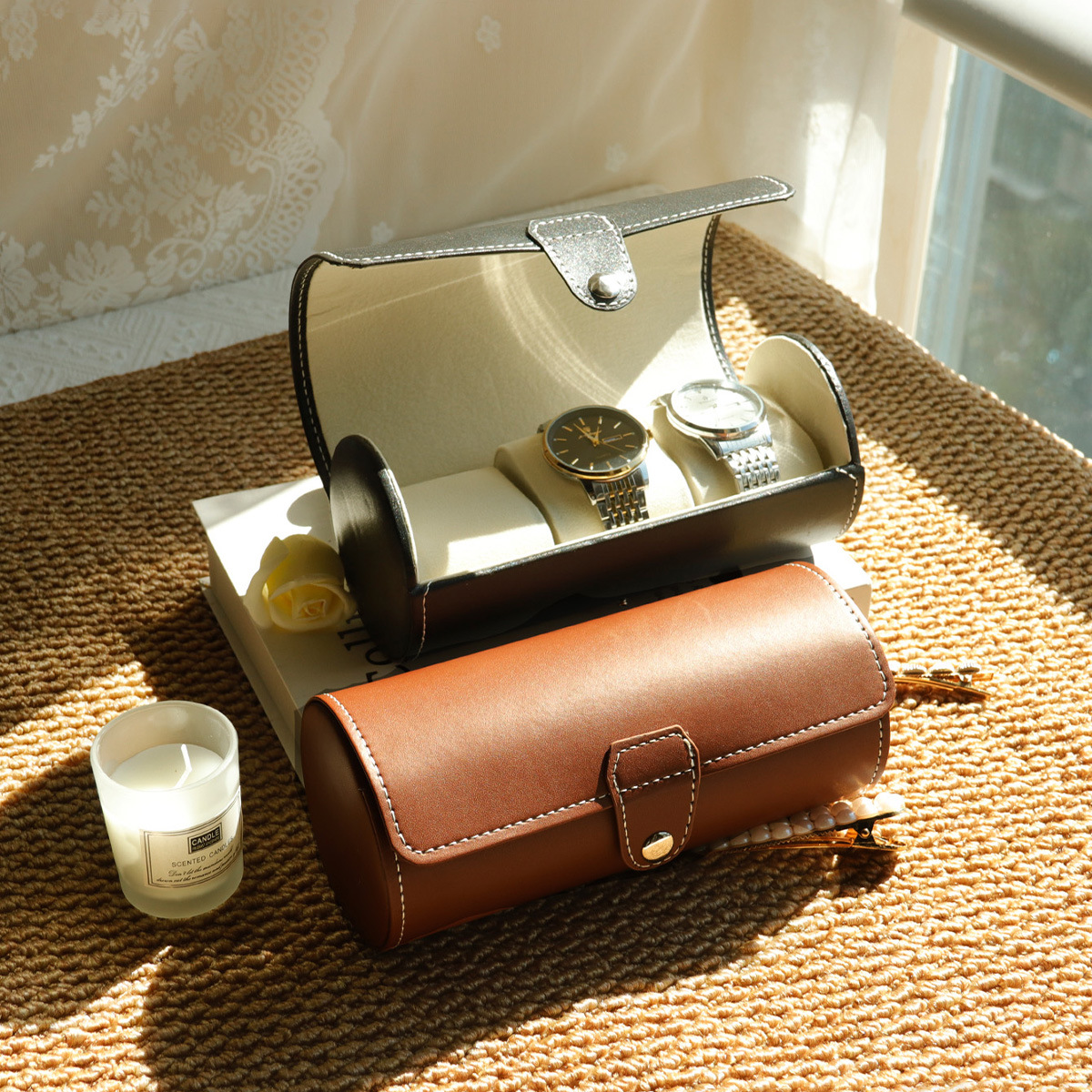 圆筒式防尘手表收纳盒便携腕表首饰盒简约皮质手链展示盒子手表盒详情7