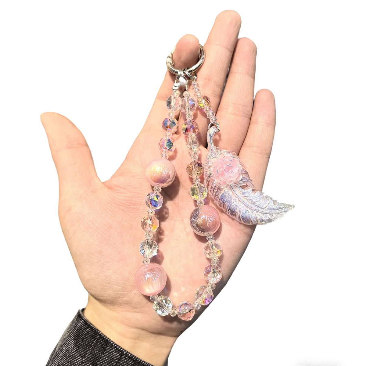 Rose luminous feather tassel keychain, gradient glitter acrylic crystal pendant, exquisite girl's heart bag pendant pic 6
