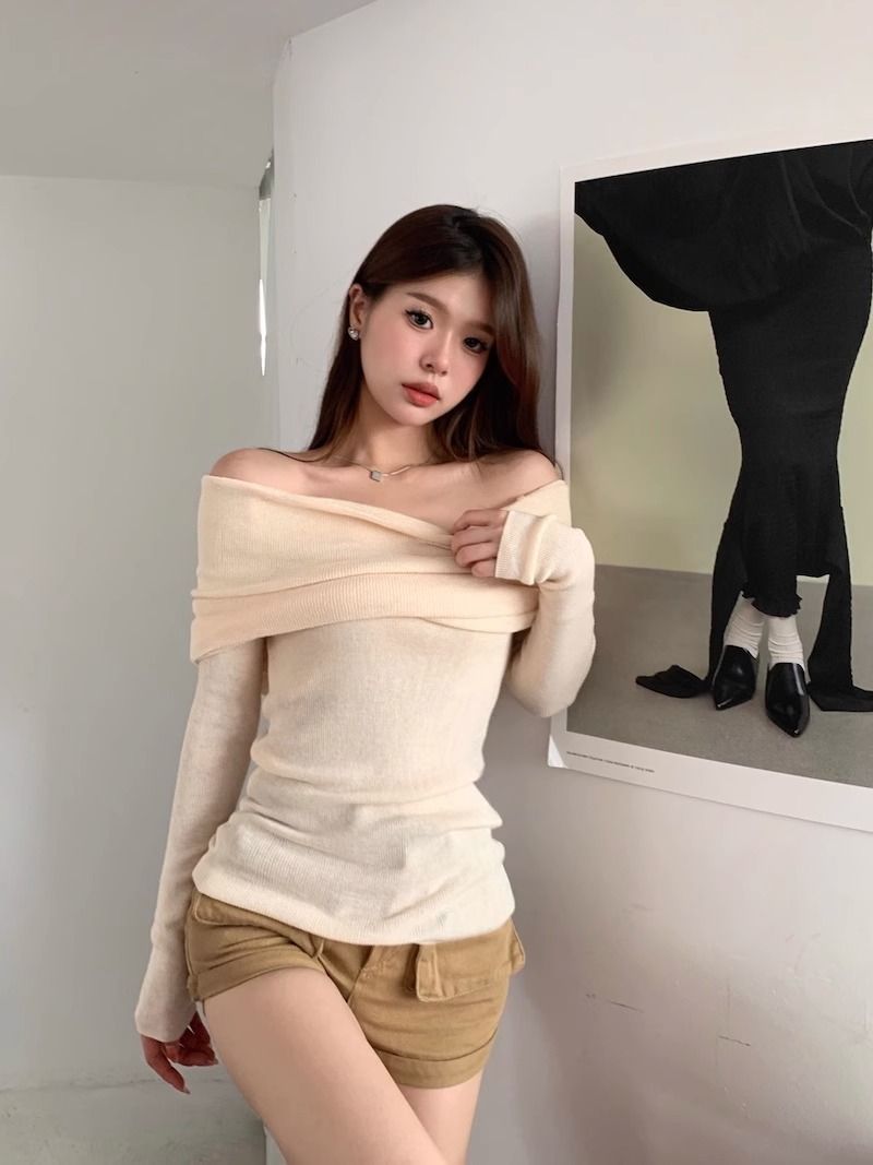 露肩一字肩上衣针织衫女秋装新款修身长袖红色漏肩黑色一字领毛衣详情12