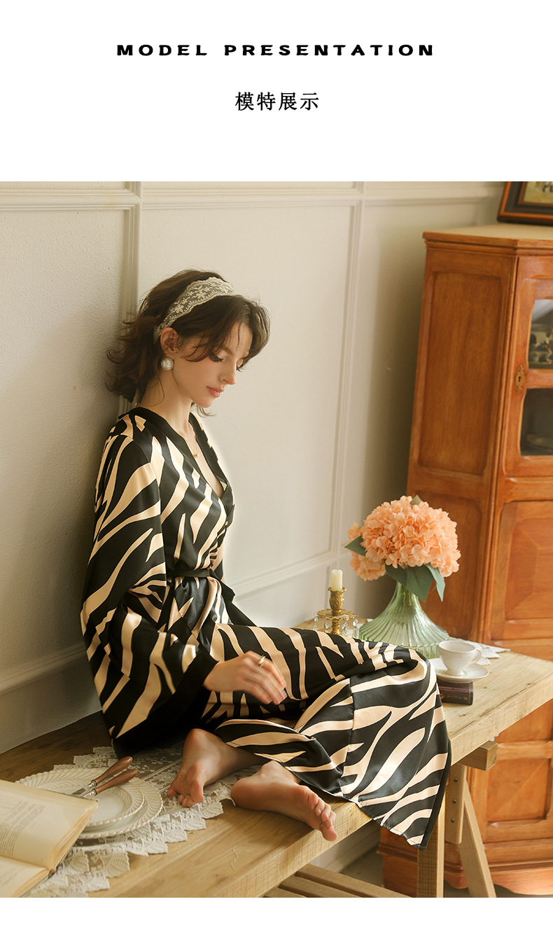 Feiyun French Silk lace-up Long Light Luxury Home wear, French retro zebra print long-sleeved bathrobe for women, 211 pic 7