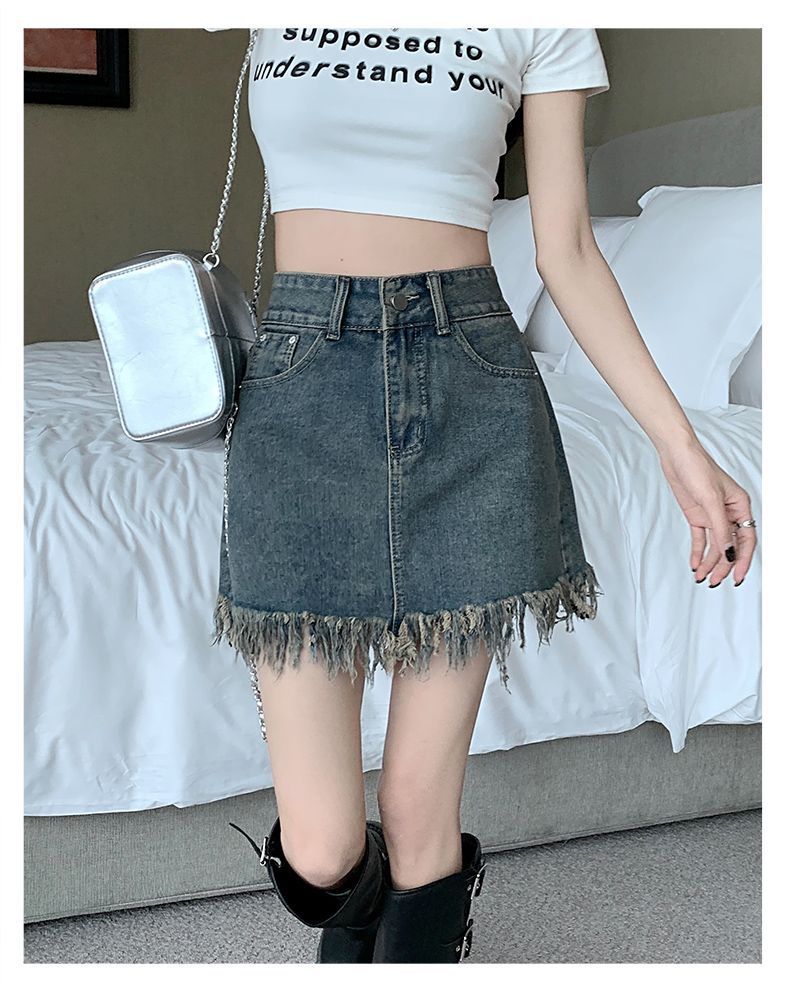 复古a字牛仔短裙女小众设计感2025夏季高腰流苏毛边包臀裙带内衬详情7