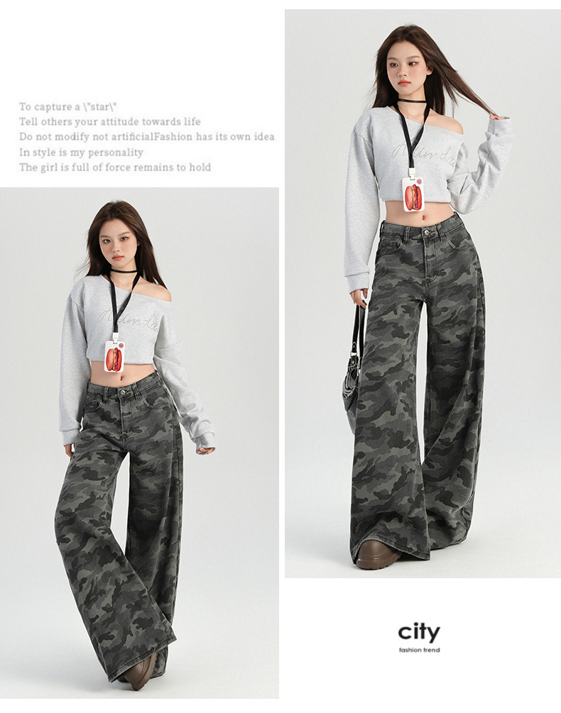 橙绢女装#美式辣妹迷彩高腰阔腿休闲裤女秋季新款高街显瘦拖地裤详情22
