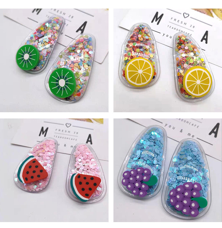 网红新款彩色流沙透明儿童水果发夹PVC边夹宝宝BB侧边夹头饰品详情10