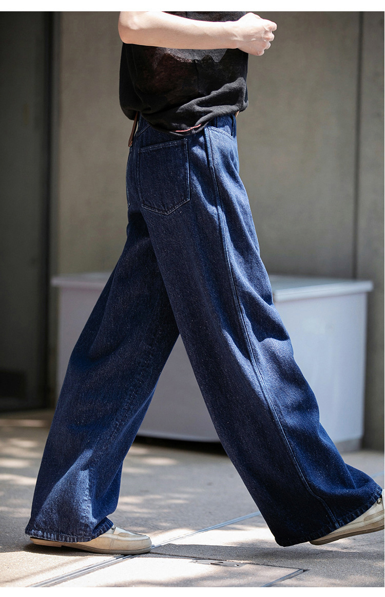 A niche all-season deep indigo blue mid-waisted loose and versatile wide-leg jeans pic 4