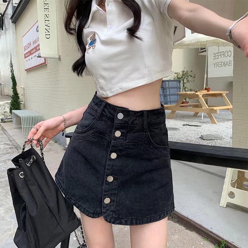 大码胖mm假两件裤裙显瘦半身短裤裙女夏季高腰牛仔短裙黑色a字裙详情15