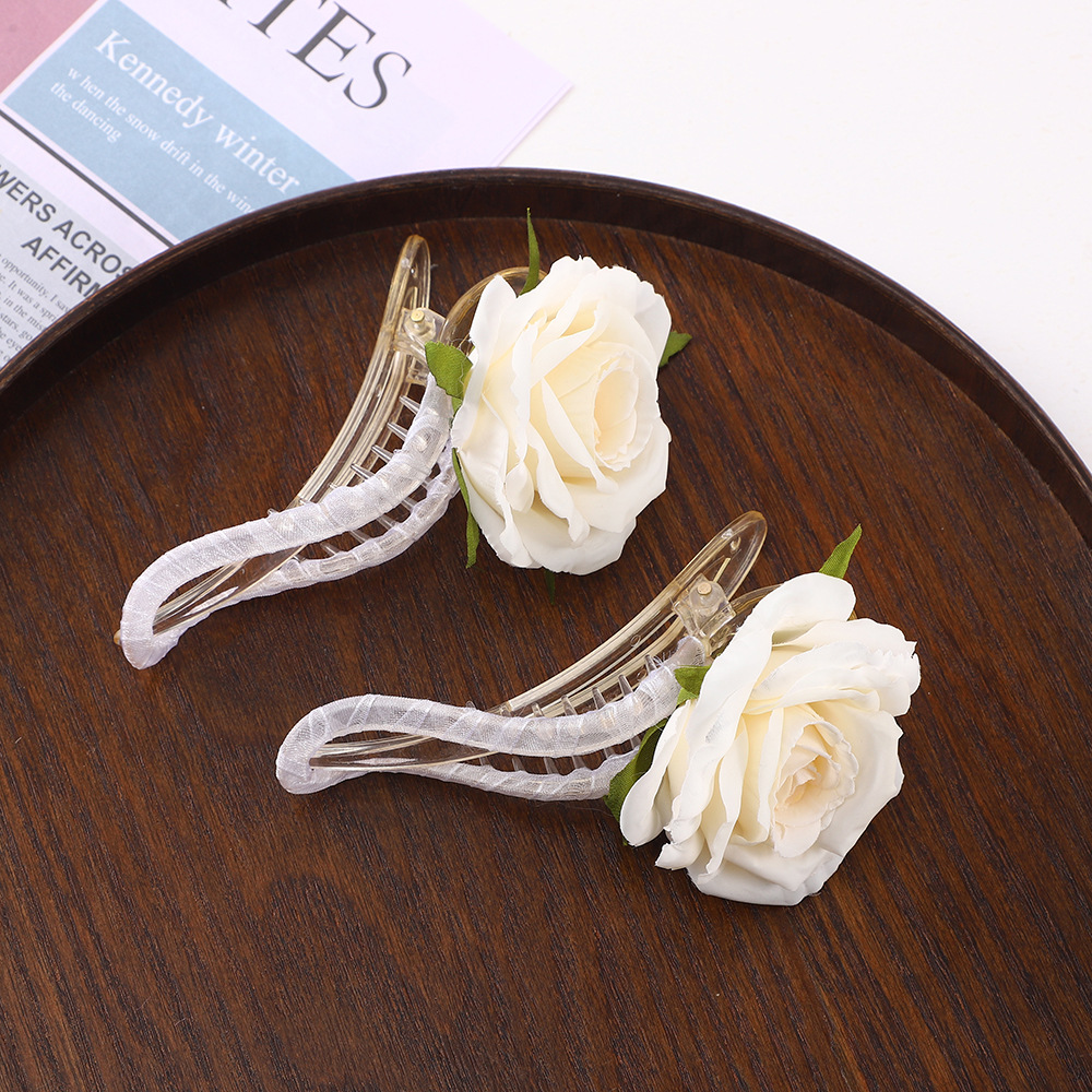 春夏新款仿真玫瑰花鸭嘴夹文艺氛围感配饰发夹半扎发甜美发饰头饰详情4