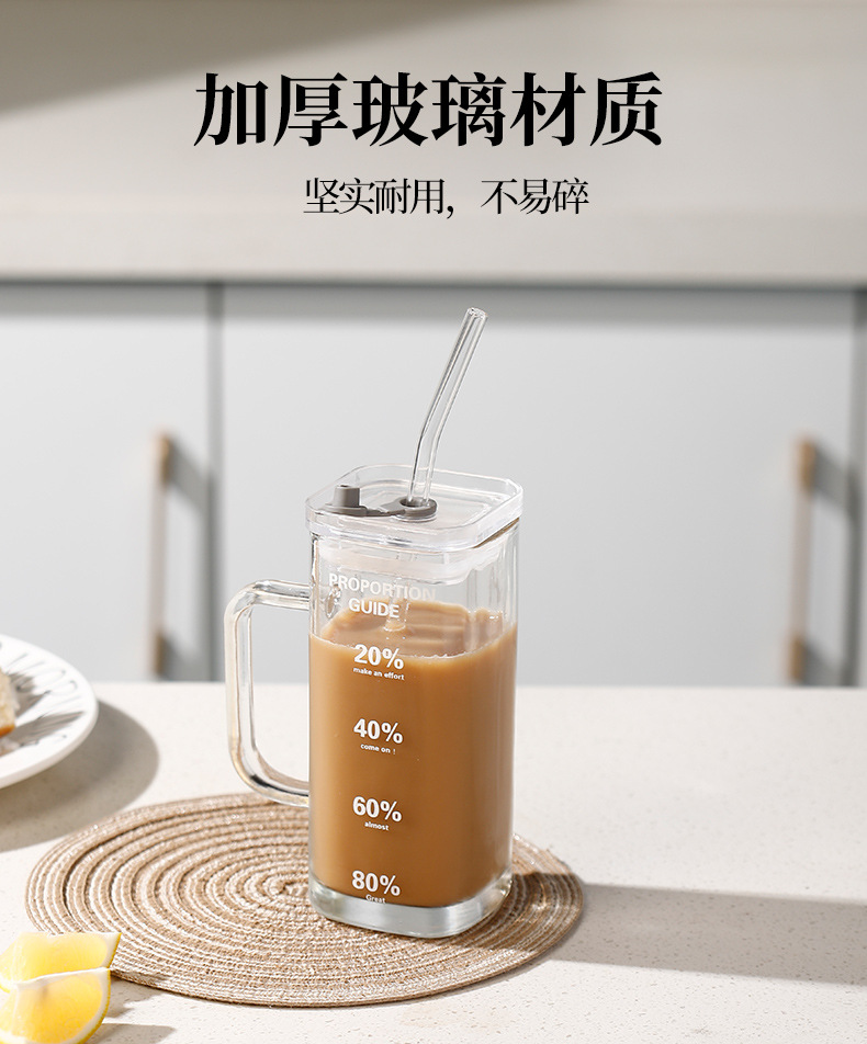 Simple water cup, square glass with straw, high-temperature resistant office and household transparent handle cup, milk cup pic 6