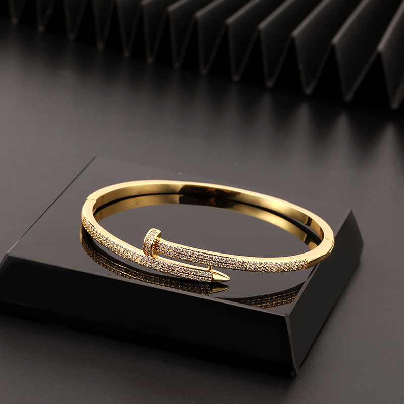 Cross-border European and American personalized diamond-encrusted nail bracelet for women, no color fading, light luxury, niche and versatile design open bracelet wholesale pic 1