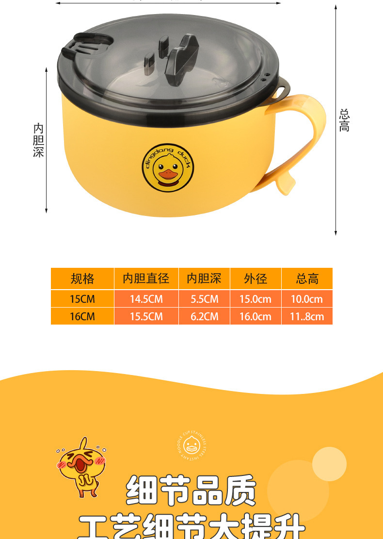 304 stainless steel instant noodle bowl, little yellow duck lunch box with lid, stand, draining water, student lunch box, portable dormitory lunch box pic 15