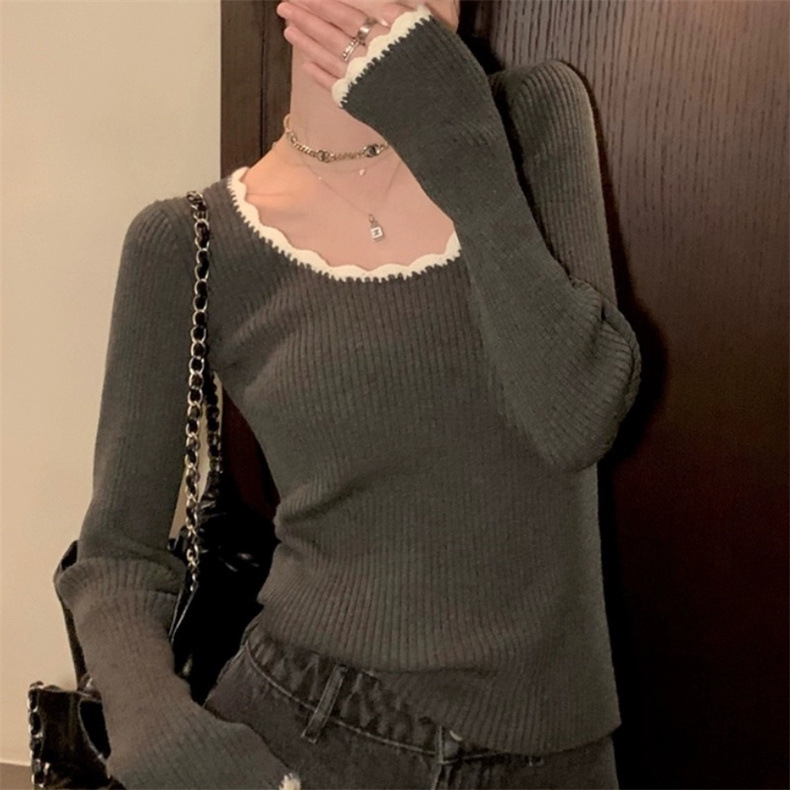 KANING复古撞色打底针织衫女2025春季新款法式气质修身内搭毛衣女详情7