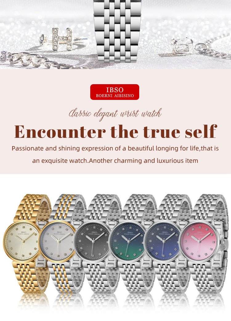 IBSO fashionable women's quartz watch with steel band and diamond setting, a light luxury women's watch for cross-border export pic 10