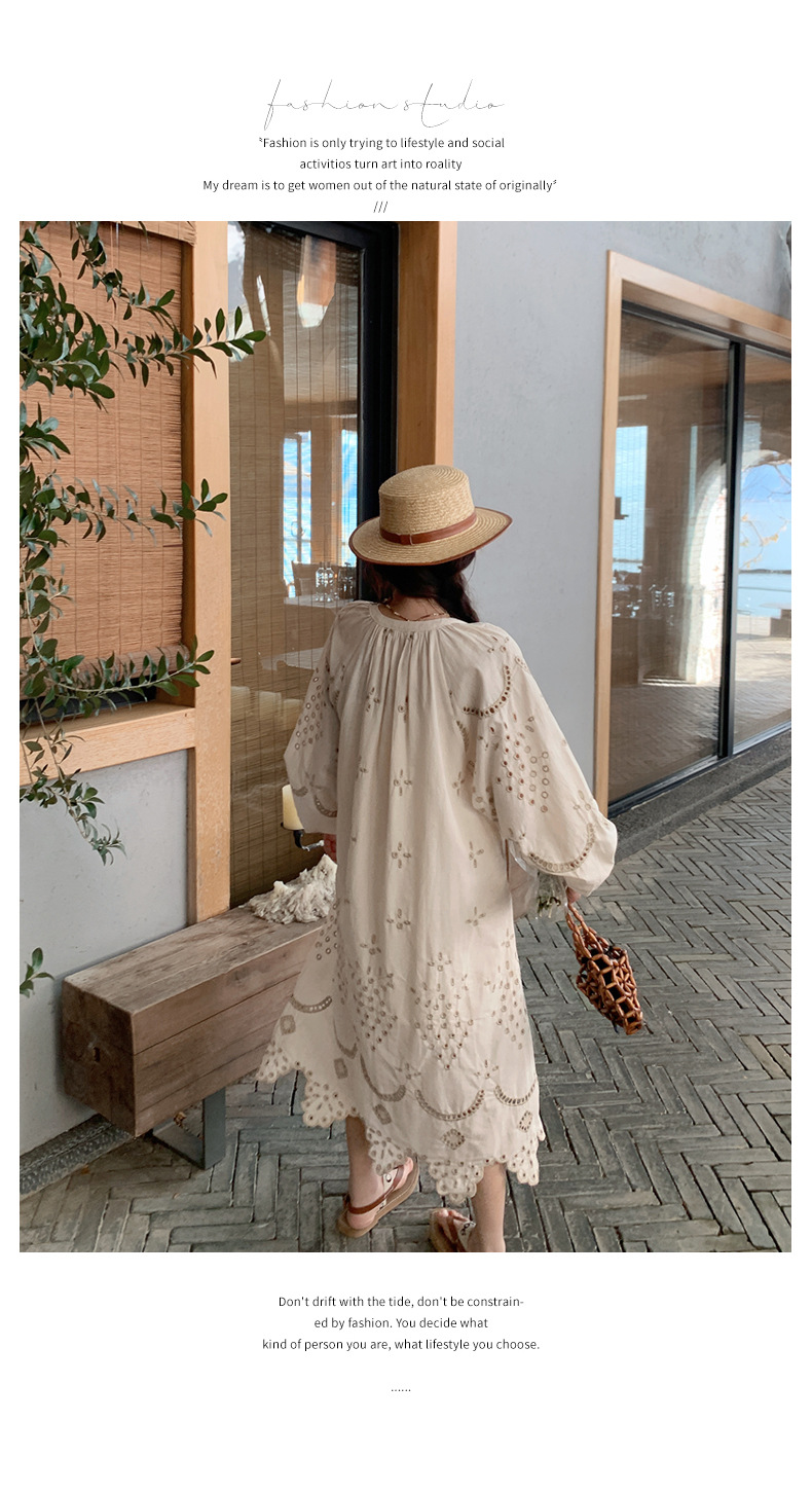 Real photo of a retro, gentle, cut-out embroidered V-neck apricot-colored dress, 2025 new seaside vacation style long-sleeved umbrella dress pic 50