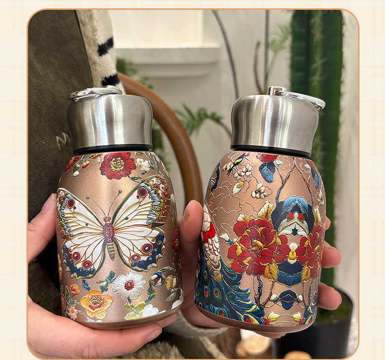 小胖丁国潮复古金蝴蝶孔雀便捷女士提环创意高颜值保温时尚礼品杯详情17