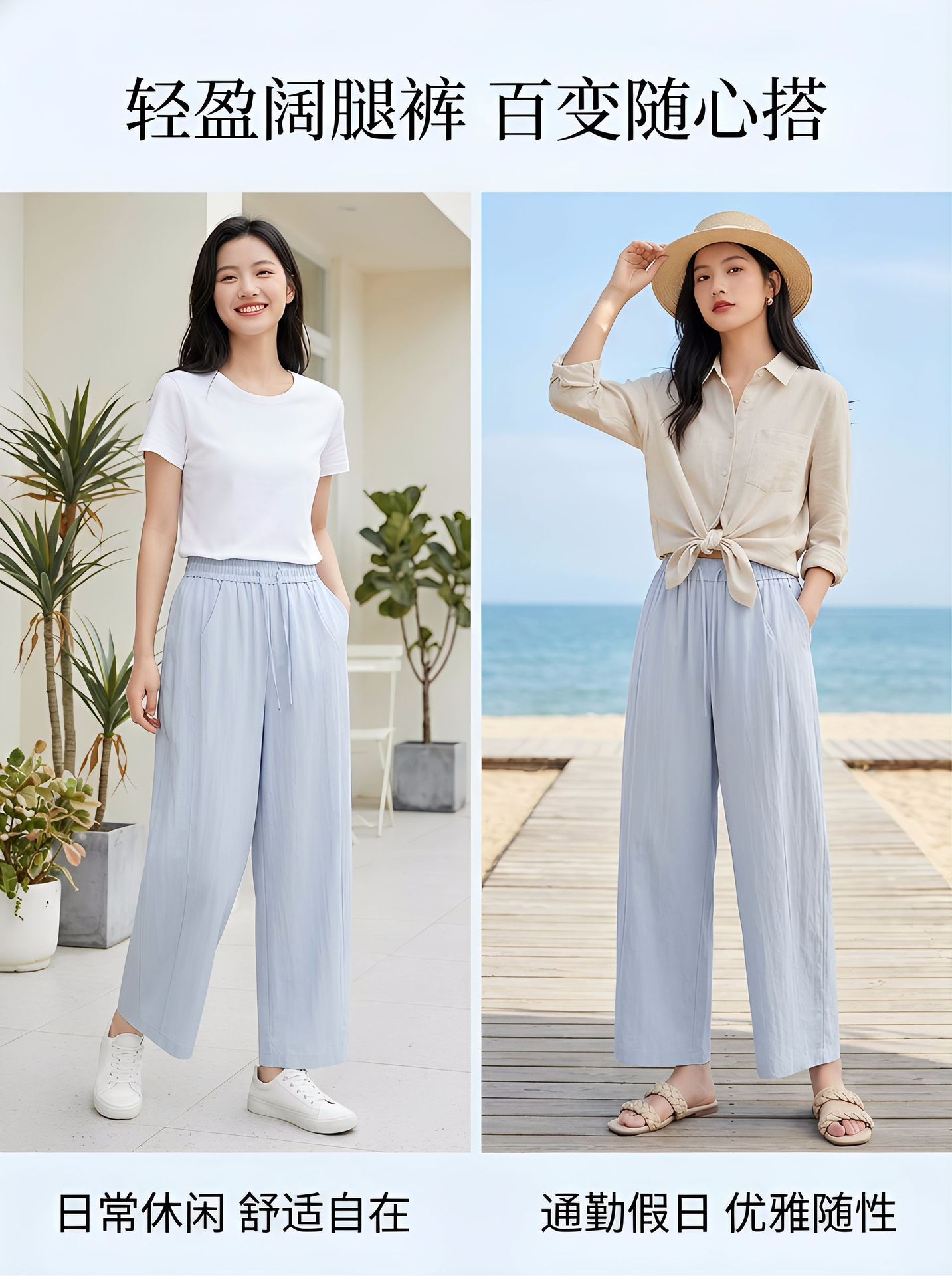 夏季新品九分阔腿萝卜裤子女显瘦宽松直筒高腰松紧腰拼接风女裤详情10