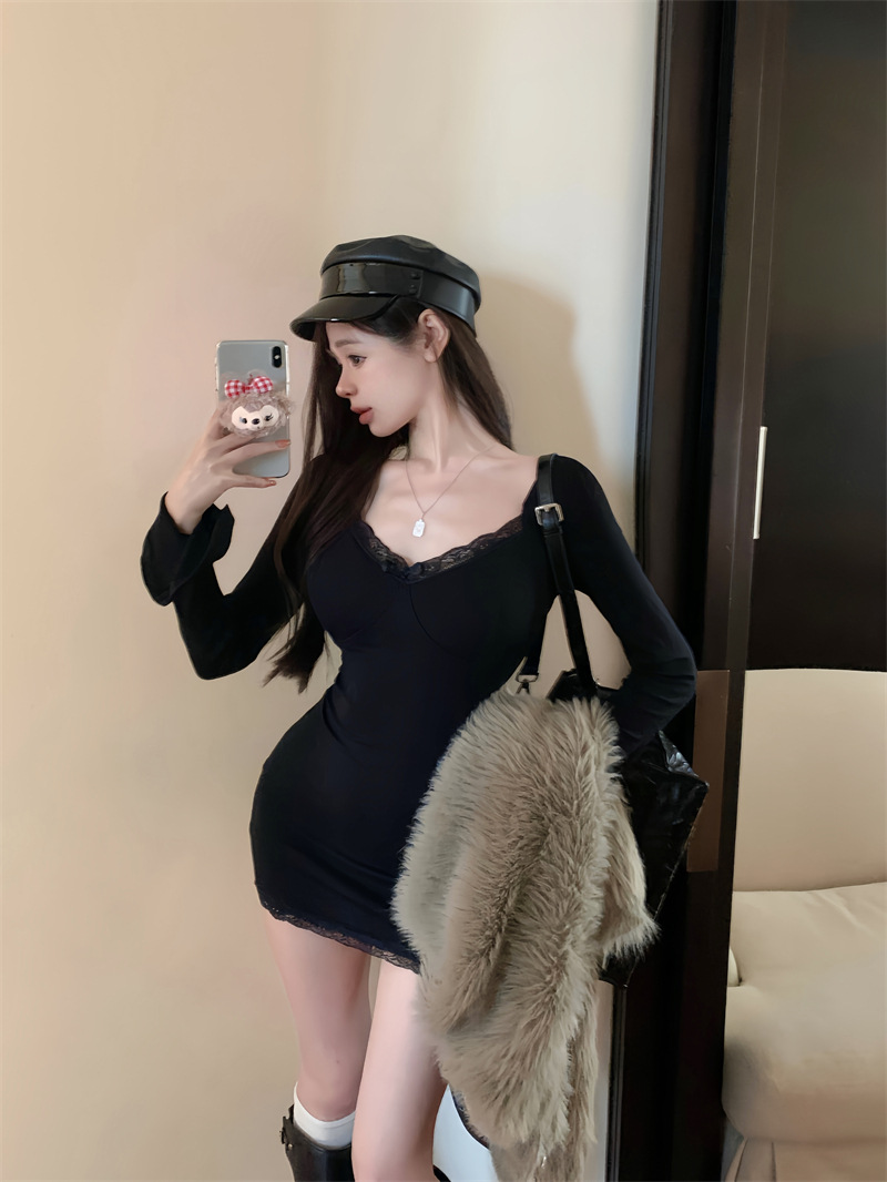 棕色性感v领长袖连衣裙女秋季蕾丝内搭小妈裙子紧身收腰包臀短裙详情17