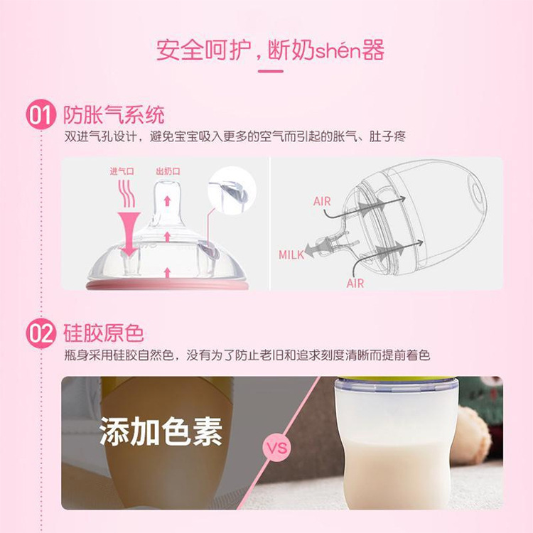 婴儿宝宝儿童仿真母乳奶嘴断奶神器柔软可挤广口硅胶喂米糊奶瓶详情2