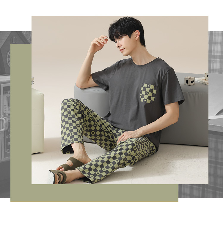 Summer pure cotton pajamas for men, cartoon casual short-sleeved shirts and long pants, pure cotton comfortable home wear, summer youth student set pic 80