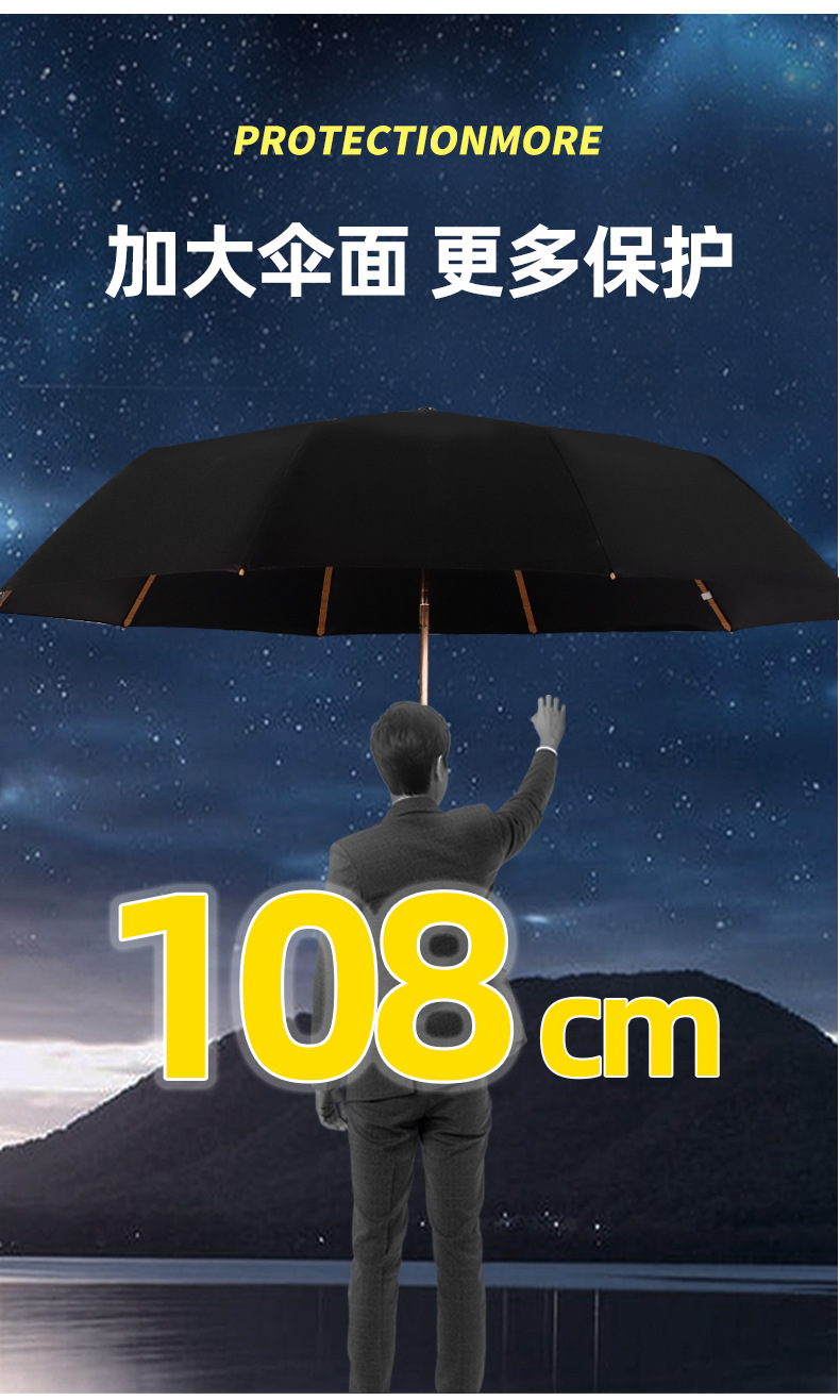 New solid wood fully automatic umbrella, a 23-inch self-opening and closing umbrella for both rain and sun protection, 12-bone business black rubber sun umbrella pic 10