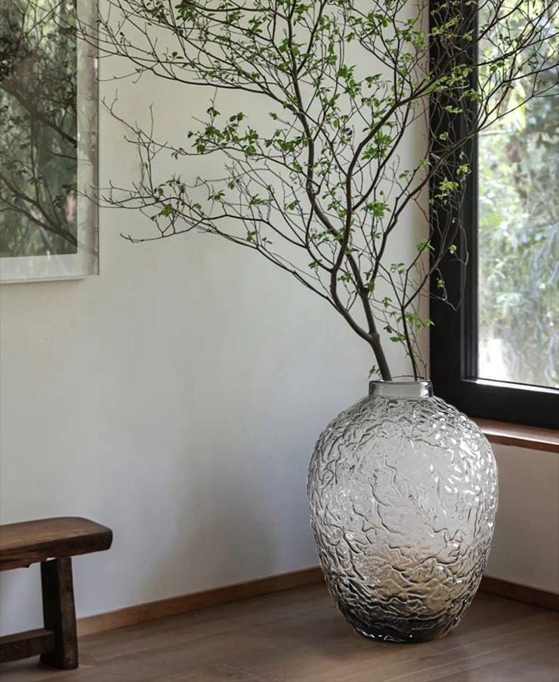 富雅玻璃大肚落地马醉木灰色透明锤纹水培玻璃花瓶家居装饰花器详情1