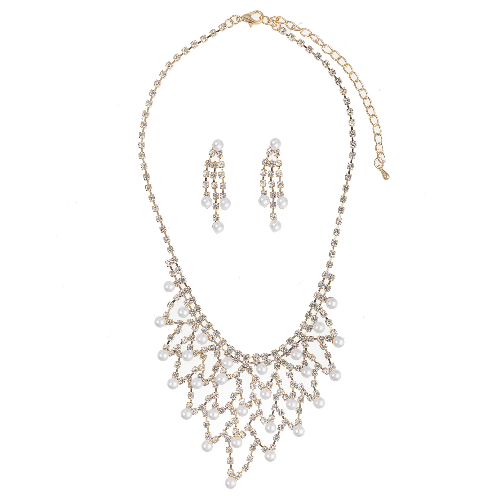 Cross-border best-selling European and American bride pearl and water diamond necklaces and earrings, exquisite diamond-encrusted exaggerated necklaces, tassel earrings, jewelry, evening gowns, versatile and elegant jewelry sets pic 7