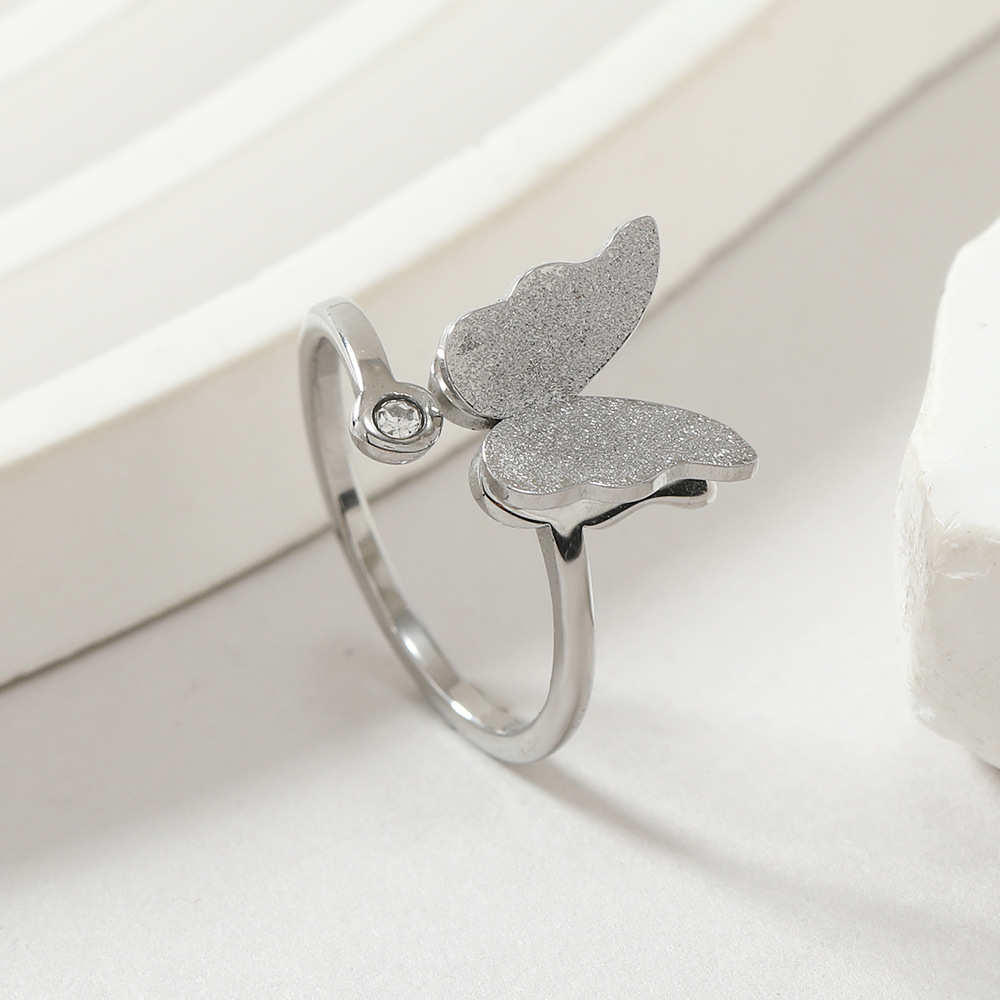 跨境新款 高级感钛钢戒指 女 小众磨砂蝴蝶开口镶钻钛钢饰品批发详情6