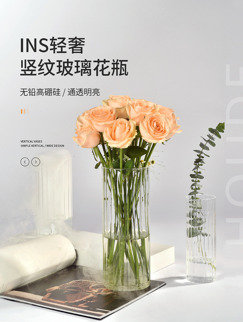 透明装饰玻璃花瓶北欧ins风客厅创意摆件竖纹花瓶干花水培插花器详情6