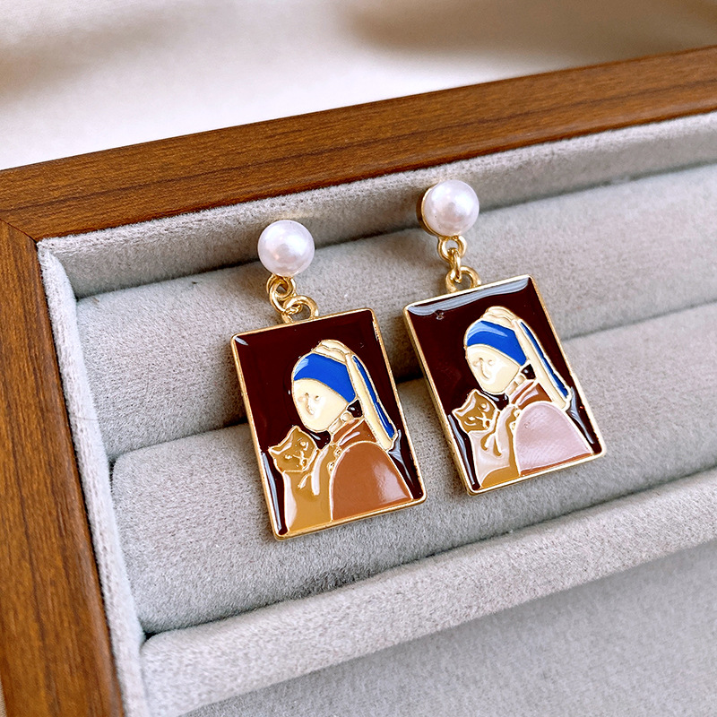 银针莫奈花园滴油女孩小猫珍珠款耳钉复古高级感耳环油画风耳饰女详情7