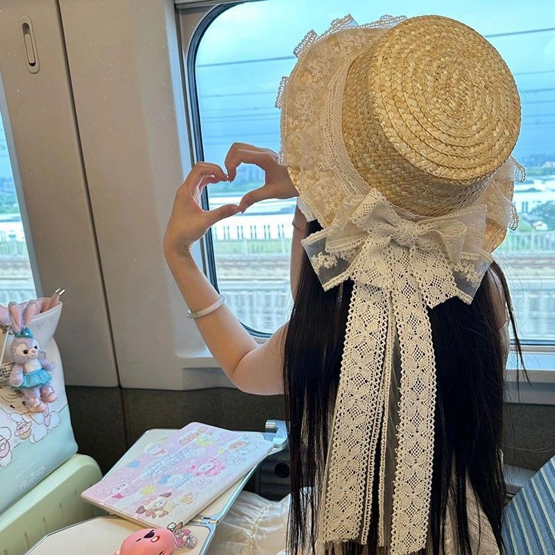 清新田园lo娘软妹洛丽塔草帽手工蕾丝蝴蝶结飘带草编帽女甜美可爱详情1
