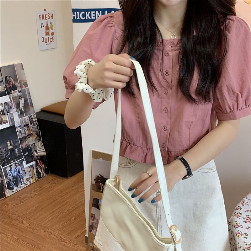 短袖衬衫女设计感小众夏季法式甜美减龄短款上衣方领小个子娃娃衫详情5