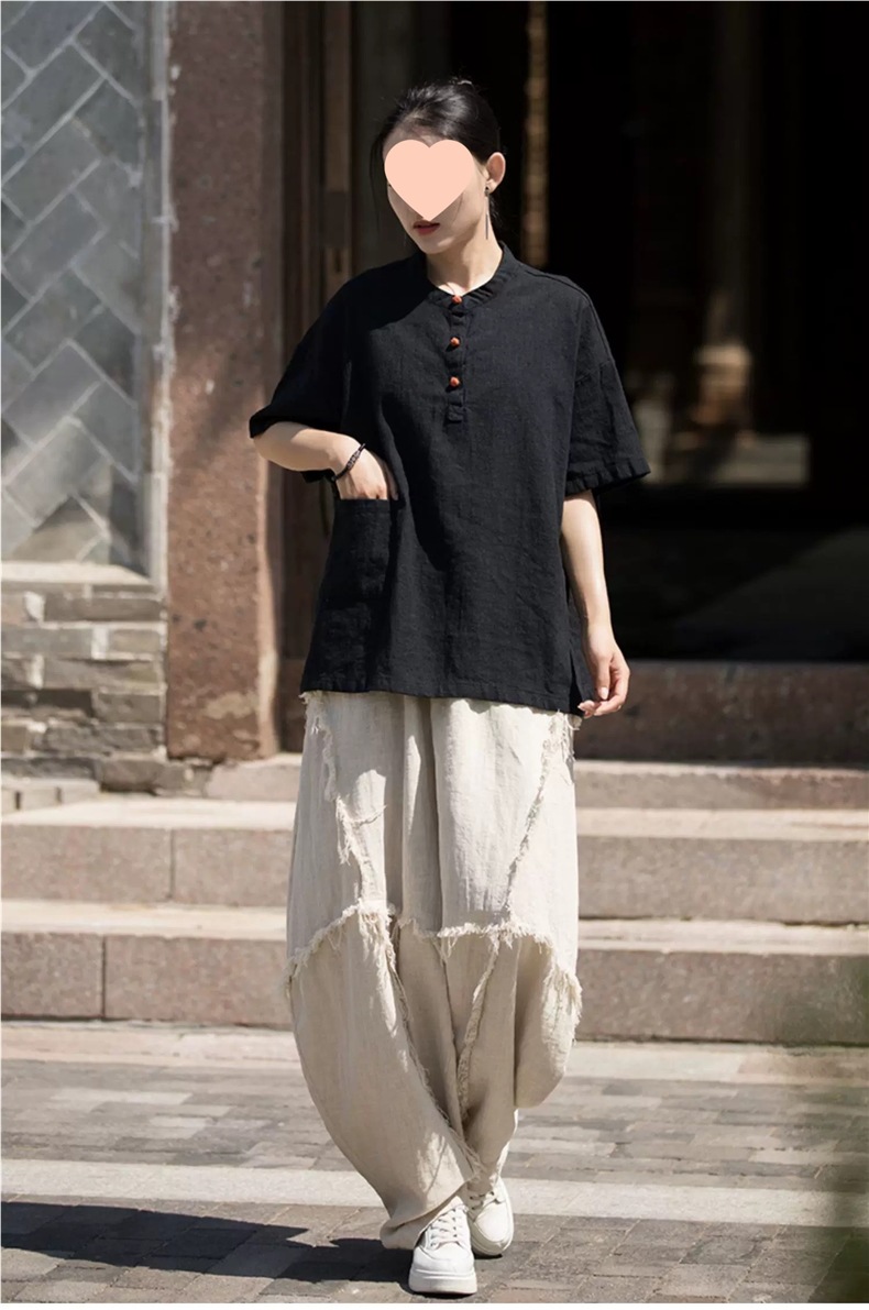 中国风立领盘扣棉麻短袖T恤女2025新款夏季宽松文艺禅意茶服上衣详情11