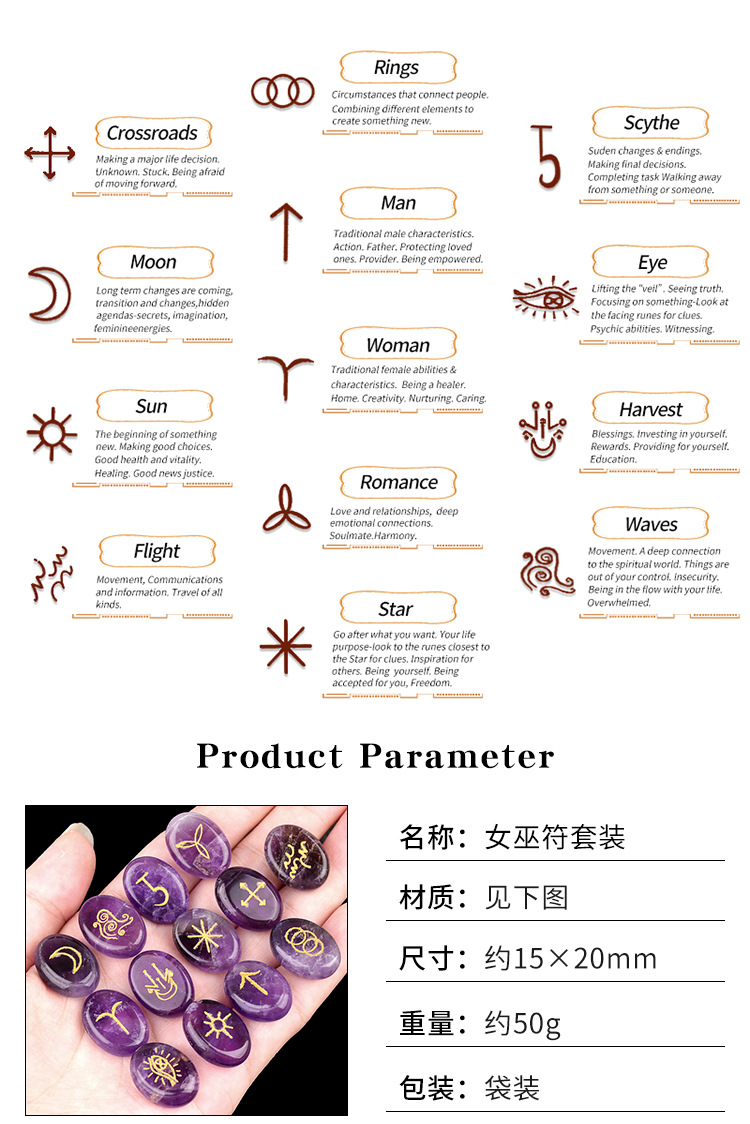 1712-粉水晶女巫符文天然水晶玛瑙半宝石虎眼石雕刻件如尼卢恩石详情2