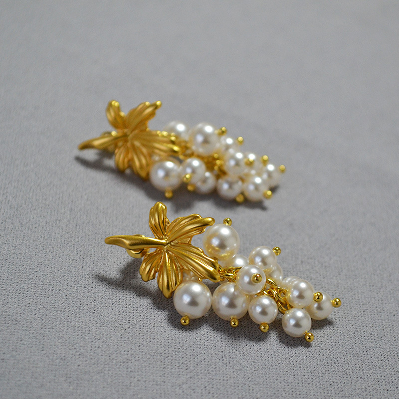 欧美复古文艺石头串珠树叶葡萄珍珠法式小众气质925银针耳环耳饰详情5