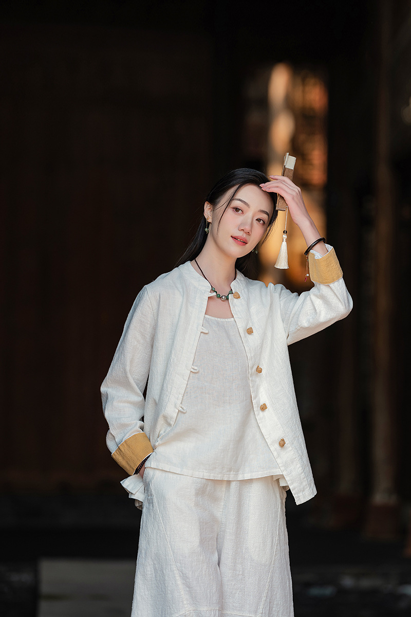 国潮中式棉麻女装拼色盘扣衬衫复古亚麻上衣茶服女禅意中山装国风开衫详情8