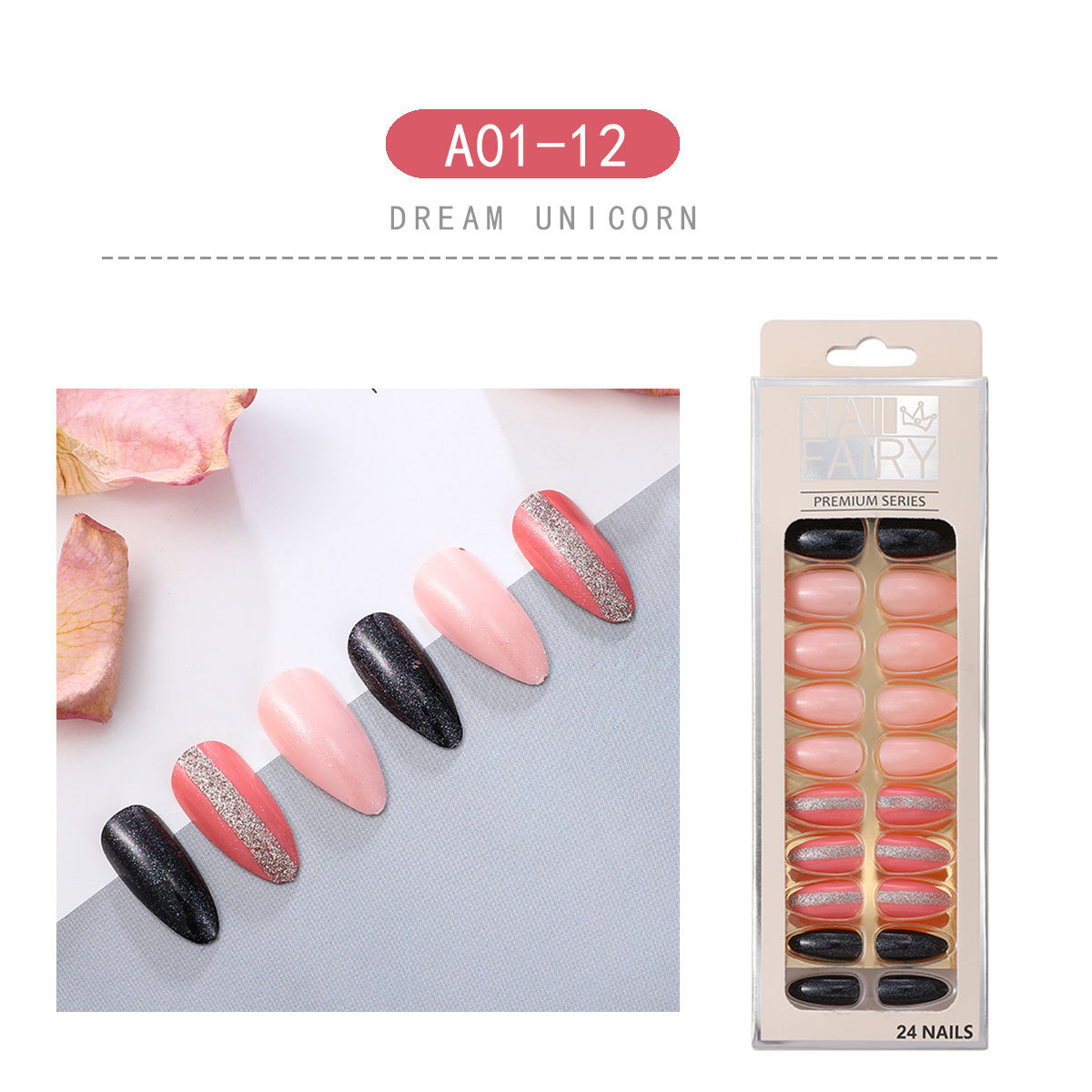 New foreign trade products: Teardrop nail detachable wearable nail art pieces, 24-piece sharp nail art patches, false nails, starry sky nail art pic 6