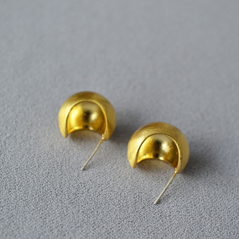 欧美小众设计黄铜空心半球拉丝镀金镀银ins高级感925银针耳钉耳饰详情6