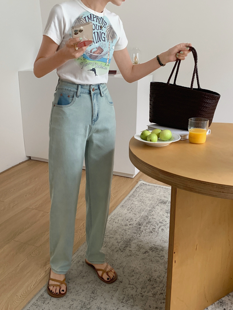 GAGD 海盐蓝窄版直筒牛仔裤女 夏日限定色复古做旧直筒牛仔烟管裤详情7