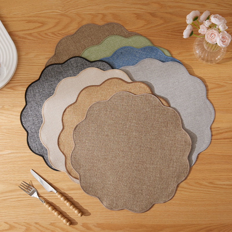 A light retro Ins-style lace round table mat with a faux linen texture, heat-insulating, heat-resistant and anti-slip, suitable for home dining table MATS pic 3