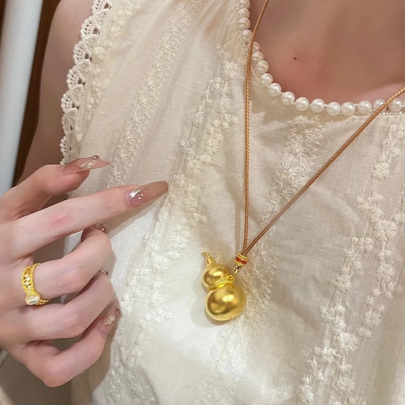 The same style of ancient golden gourd pendant as in the gold store, new Chinese-style Fu Lu gourd necklace, adjustable sweater chain pic 6