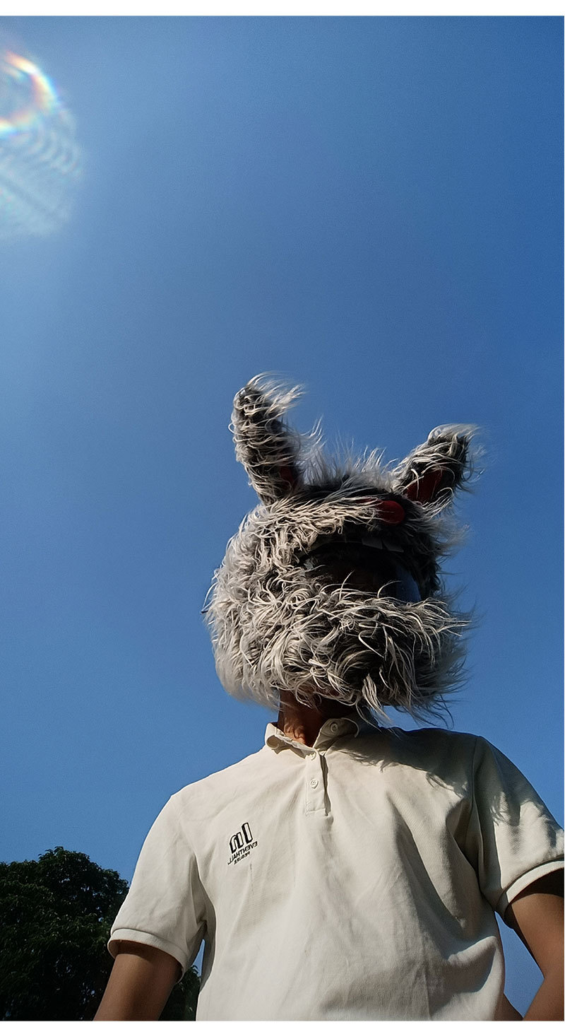 A niche rabbit-shaped personalized riding cartoon plush helmet, headgear, motorcycle face mask, long-haired hat decoration, and a street style pic 7