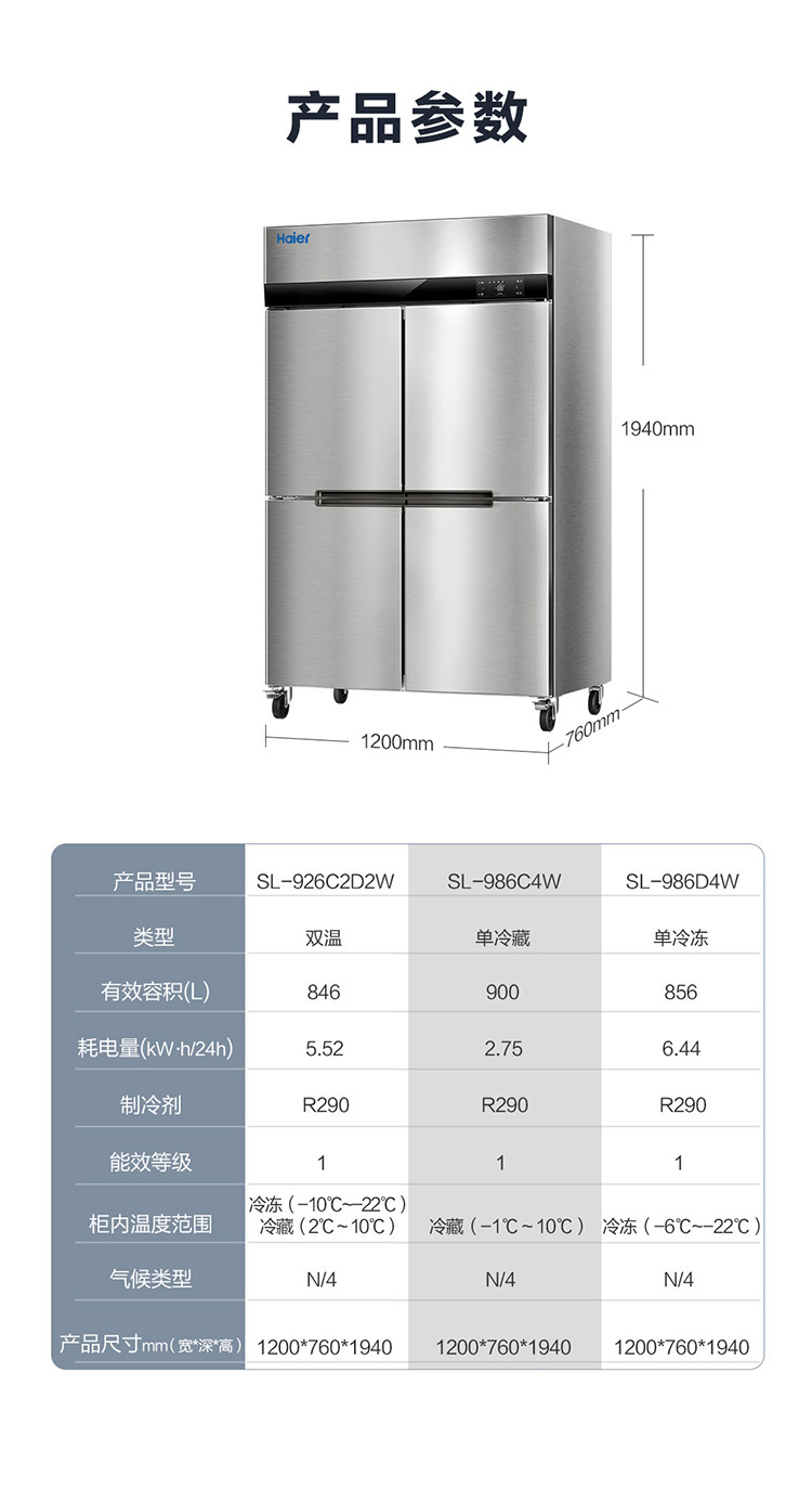 Haier海尔冷柜 商用四门冰箱不锈钢立式风冷餐厅食堂酒店保鲜冰柜详情12