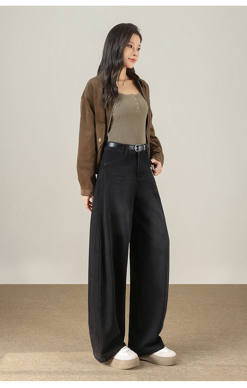 Light blue denim curved knife pants for women, fleece and thickened, 2025 winter new style loose and slimming wide-leg jeans pic 28