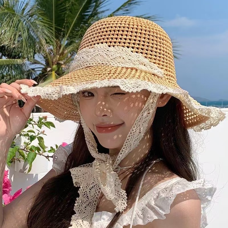 草帽ins系带镂空草编帽女夏出游防晒沙滩海边太阳帽蕾丝边遮阳帽详情1