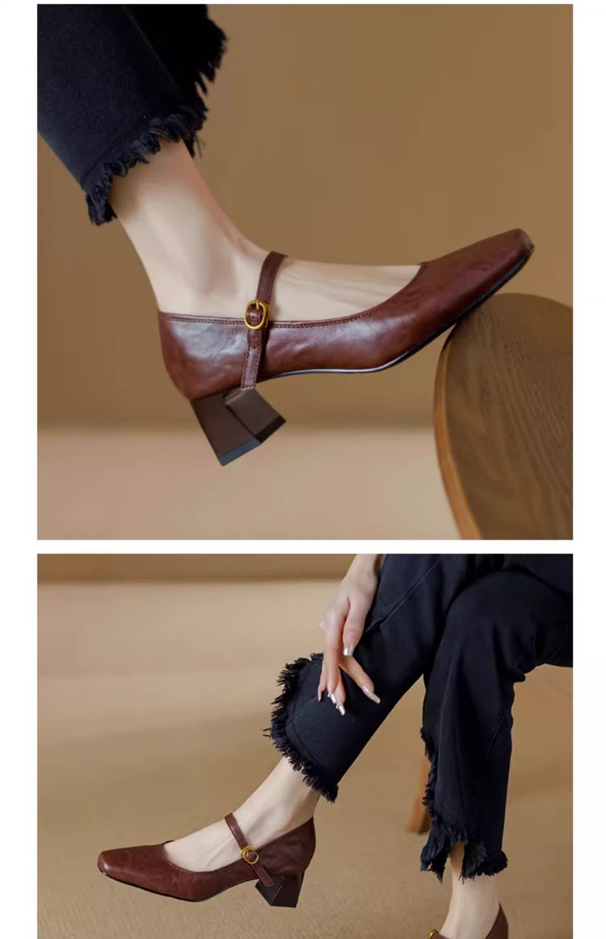 软羊皮黑色高跟鞋2025春秋新款法式复古粗跟一字带玛丽珍鞋女单鞋详情12