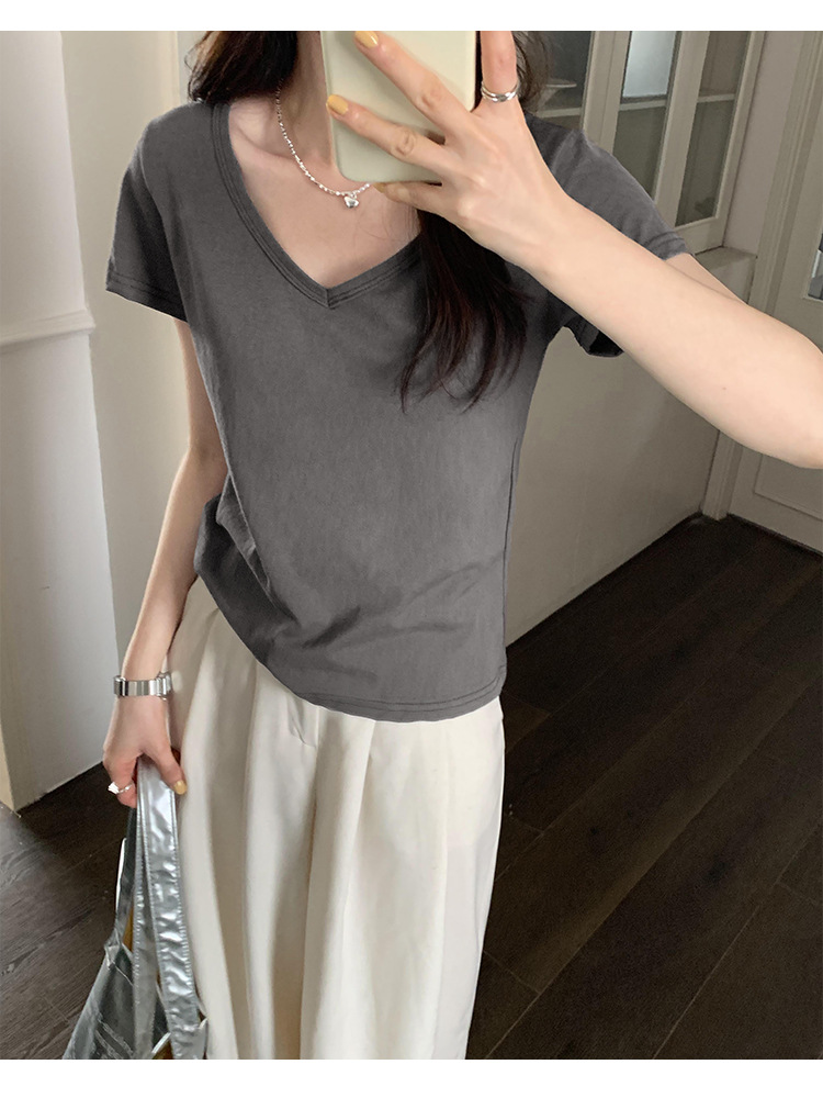 简约百搭V领纯色休闲短袖T恤女2024夏季新款轻薄透气宽松显瘦上衣详情26