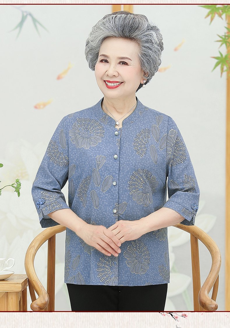 夏装衬衫女中老年人夏季七分袖套装妈妈短袖上衣老人太太妈妈款详情10